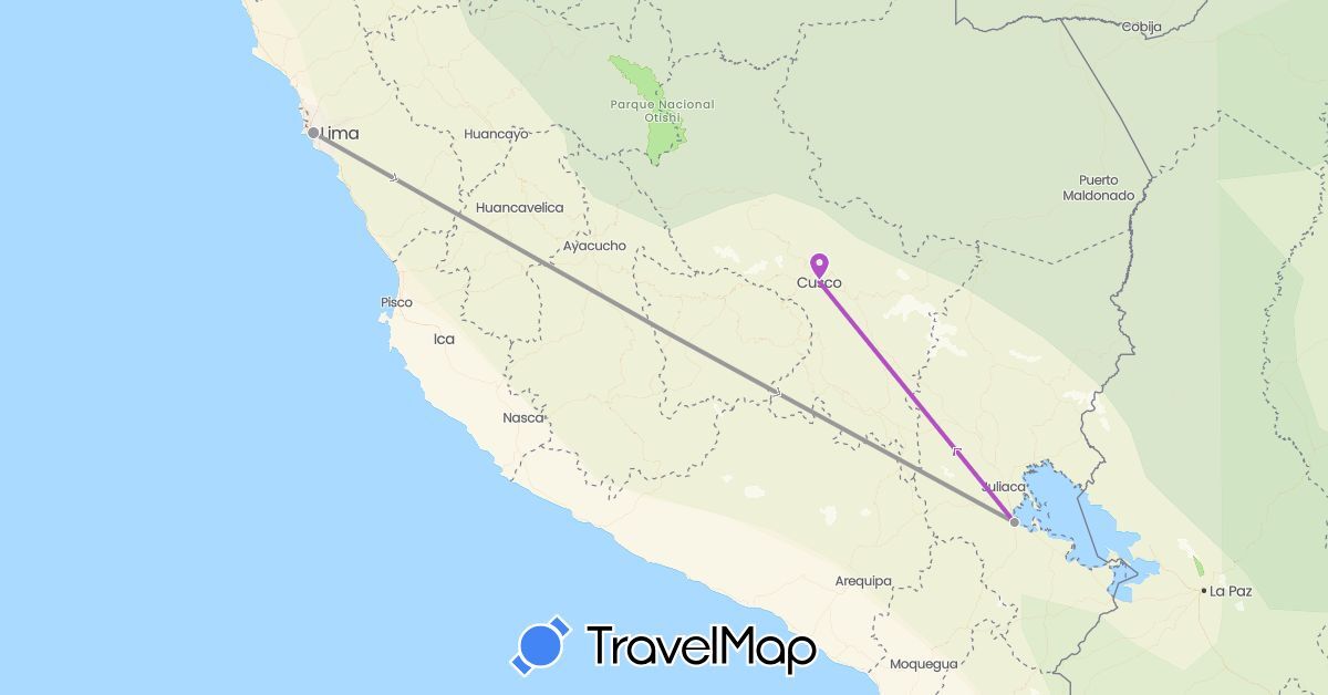 TravelMap itinerary: driving, plane, train in Peru (South America)